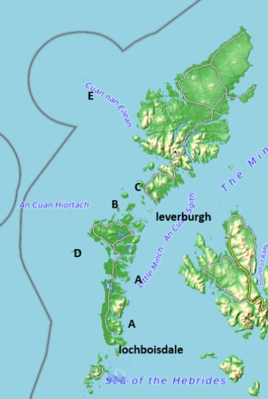 East Coast Uist, Sound of Harris, Marilyn islands from Leverburgh, Monarch Islands and the Flannans